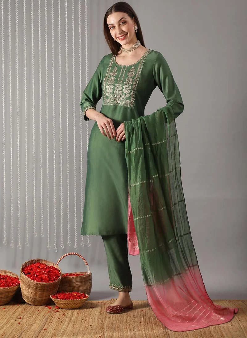 globus Globus Women Green Sequin Embroidered Yoke Straight Kurta With Pants & Woven Design Ombre Dupatta Festive Set